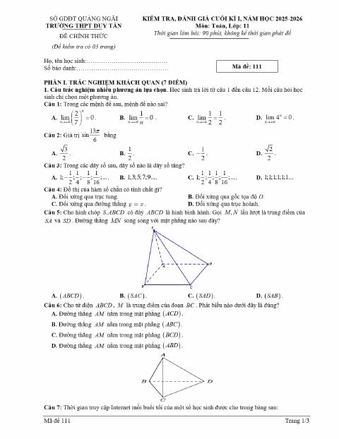 Đề thi Học kì 1 Toán 11 năm 2025-2026 trường THPT Duy Tân (Quảng Ngãi)